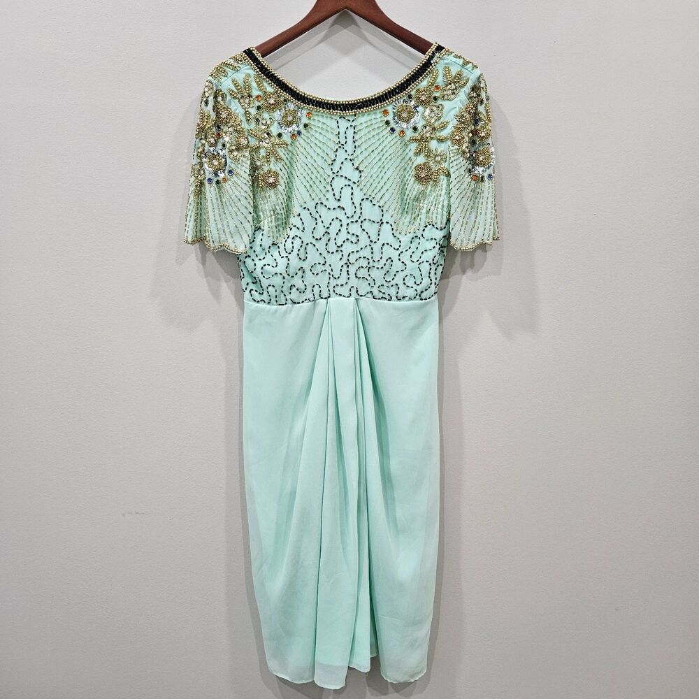 Virgos Lounge Womens Beaded Sequin Dress Size 12 Light Green Mermaid Cocktail